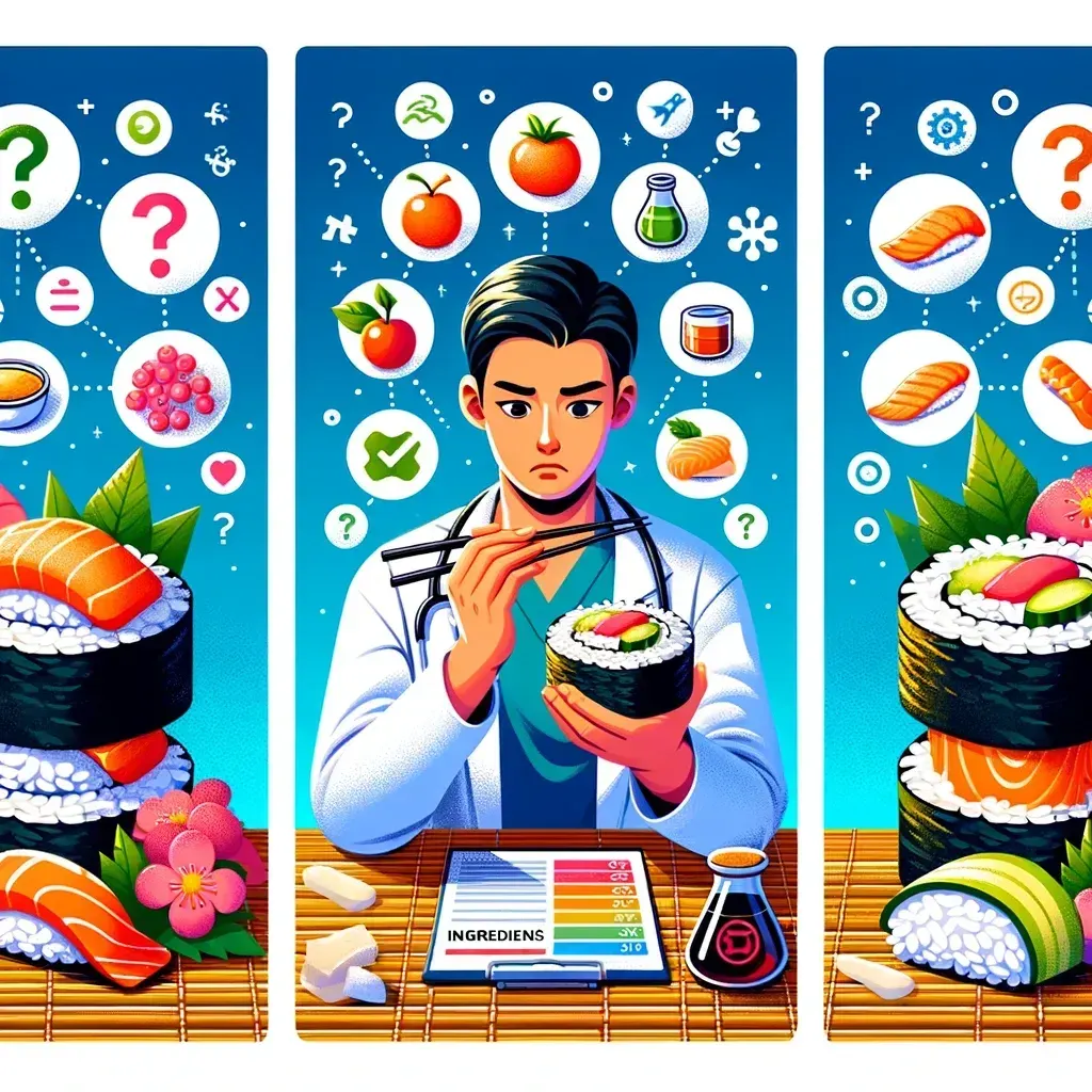 a pixel art illustration of a doctor eating sushi